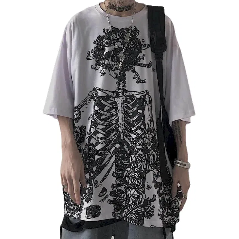 Color: Khaki, Size: L - Men T-shirts 2023 Summer Streetwear High Street Gothic Skull Tshirt Loose Oversized Short-sleeved T shirt Dark Anime Men Y2k Top