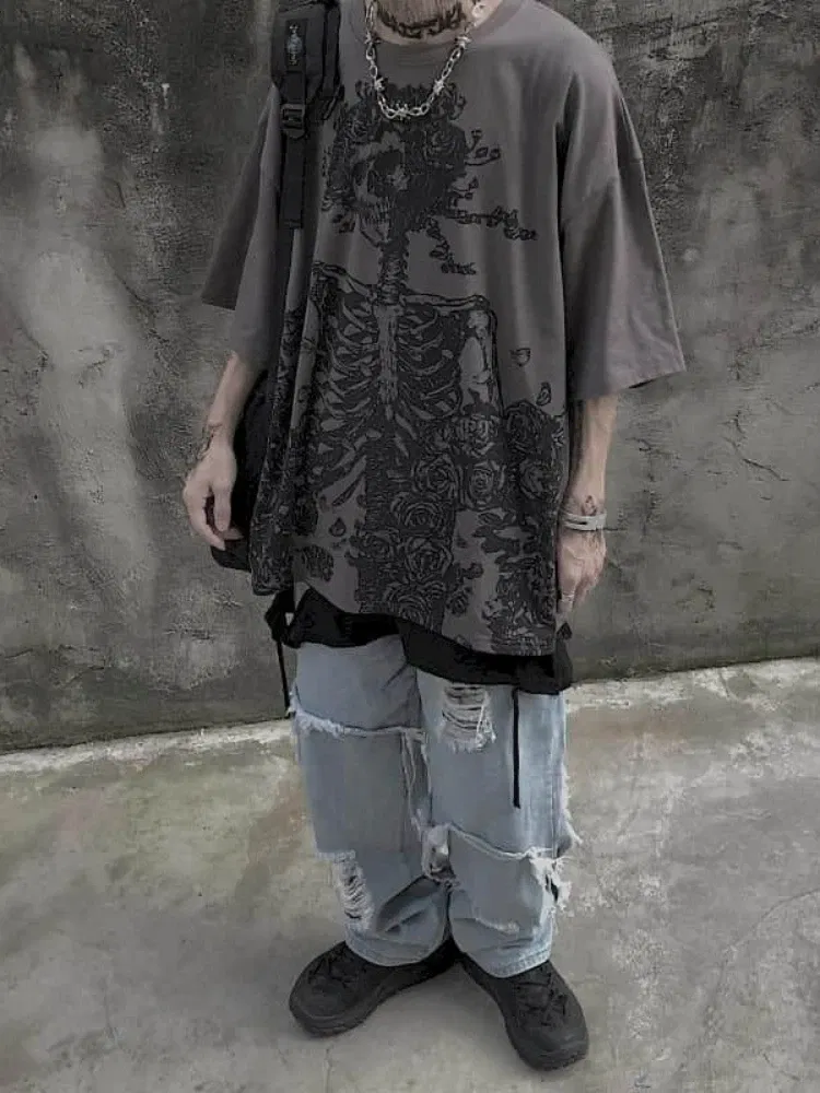Color: Khaki, Size: L - Men T-shirts 2023 Summer Streetwear High Street Gothic Skull Tshirt Loose Oversized Short-sleeved T shirt Dark Anime Men Y2k Top