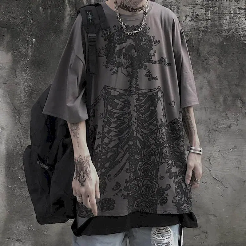 Color: Khaki, Size: L - Men T-shirts 2023 Summer Streetwear High Street Gothic Skull Tshirt Loose Oversized Short-sleeved T shirt Dark Anime Men Y2k Top