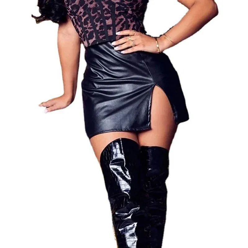 Color: Dark Green, Size: XL - S M L XL XXL Women's Skirt High Waist Split  Leather Skirt Wrap Hip Skirt Plus Size Pencil Skirt