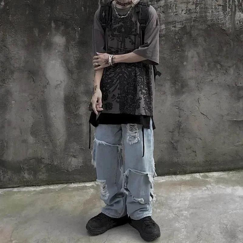 Color: Khaki, Size: M - Men T-shirts 2023 Summer Streetwear High Street Gothic Skull Tshirt Loose Oversized Short-sleeved T shirt Dark Anime Men Y2k Top