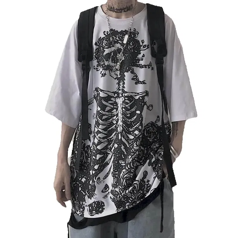 Color: Khaki, Size: M - Men T-shirts 2023 Summer Streetwear High Street Gothic Skull Tshirt Loose Oversized Short-sleeved T shirt Dark Anime Men Y2k Top