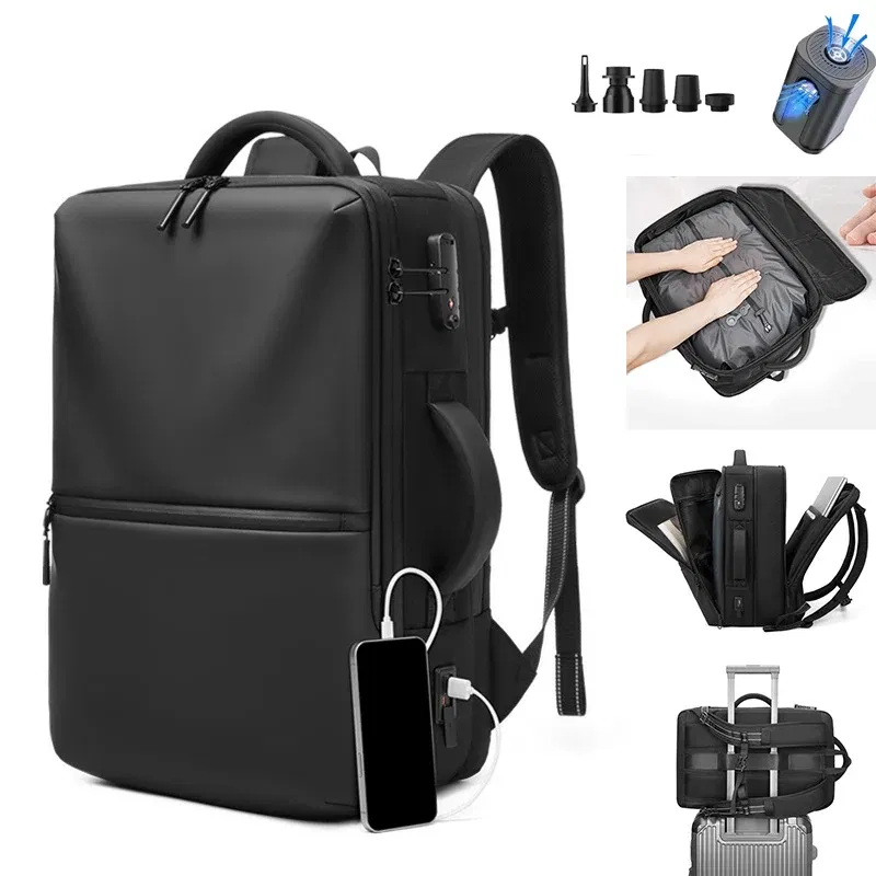 Color: Chocolate - Airback Vacuum Compression Backpack with Vacuum Pump 60L Expandable Travel Backpack for Men Women Airline Approved Business Bag