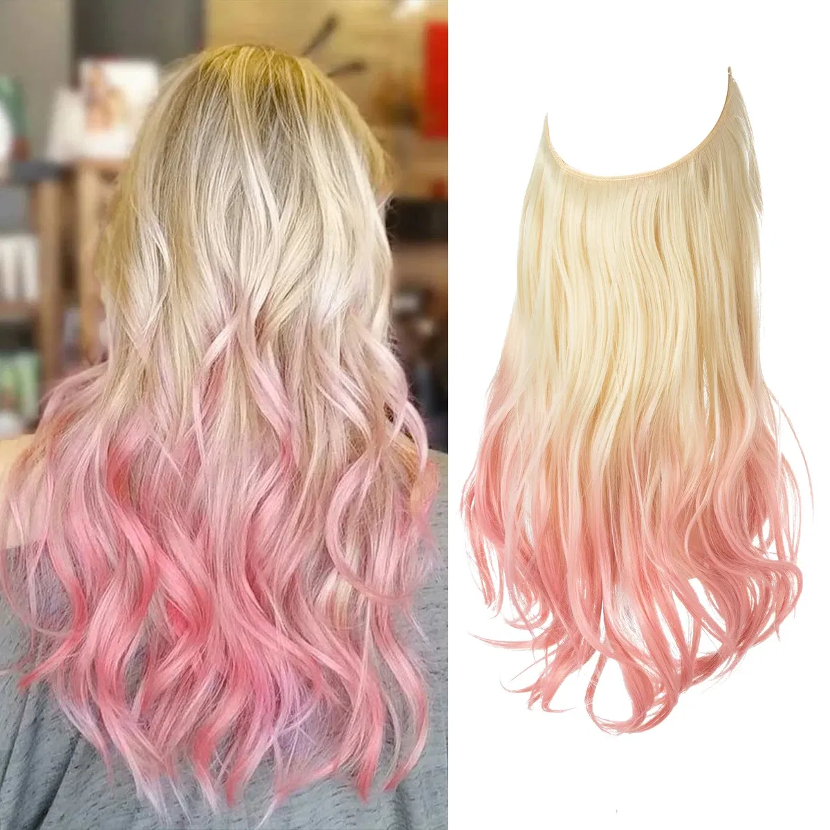 Color: #6, Stretched Length: 16inches - Synthetic No Clip Wave Hair Extensions Ombre Natural Black Blonde Pink One Piece False Hairpiece Fish Line Fake Hair Piece