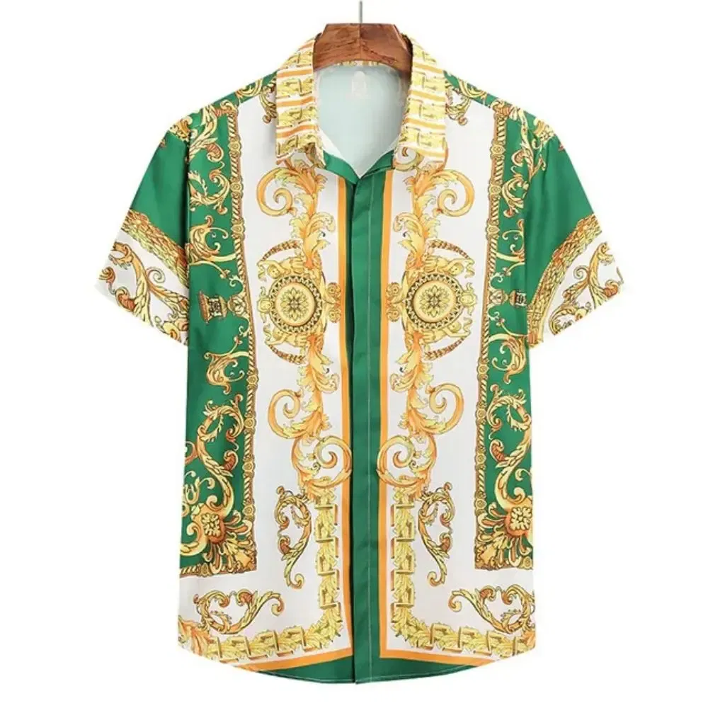 Color: Blue, Size: M - Summer Fashion Men's Short Sleeve Casual Shirts Luxury Style Gold Printed Tops Everyday Casual Wear Men's Shirts Oversized Tops