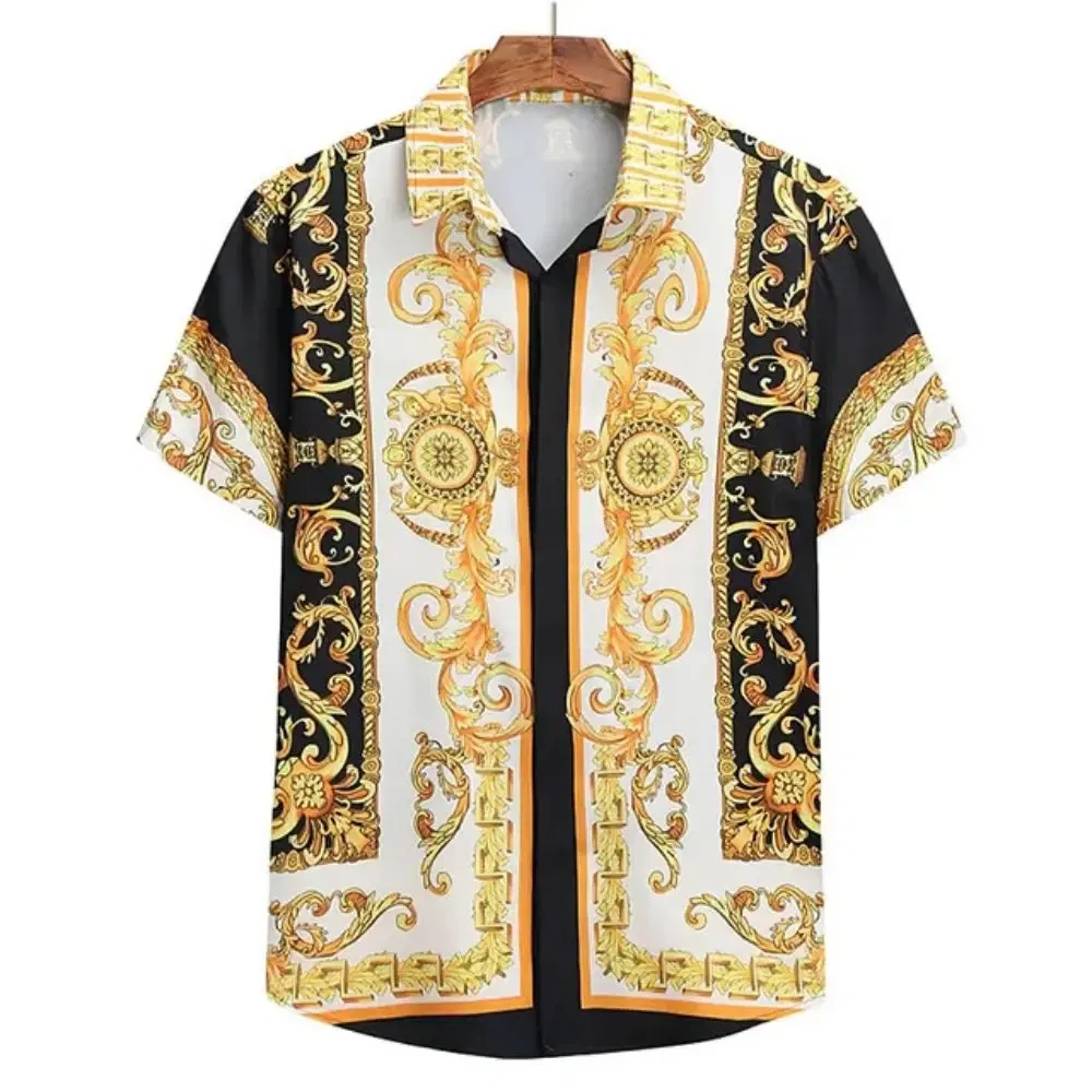 Color: Blue, Size: M - Summer Fashion Men's Short Sleeve Casual Shirts Luxury Style Gold Printed Tops Everyday Casual Wear Men's Shirts Oversized Tops
