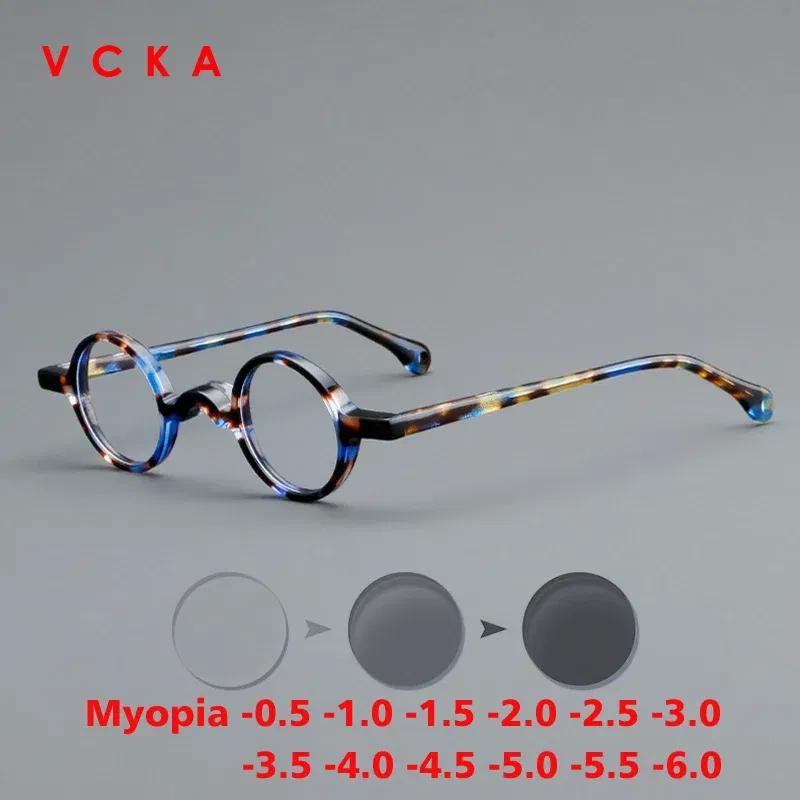 Frame Color: Bright Yellow, Eye Prescription: 0 - VCKA Photochromic Acetate Myopia Glasses Men Retro Small Round Frames Women Custom prescription Anti-Blue  Eyewear -0.5 TO -10