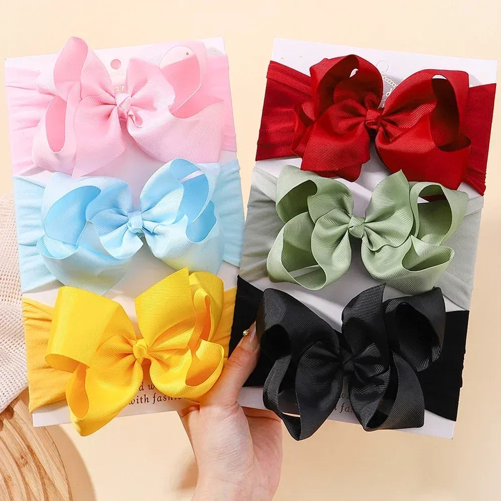 Color: Silver - 1pcs Baby Wide Ribbon Nylon Turban Girls Big Bows Hair Accessories Child Headband Elastic Hair Bands Ribbon Bows Infant Headwear