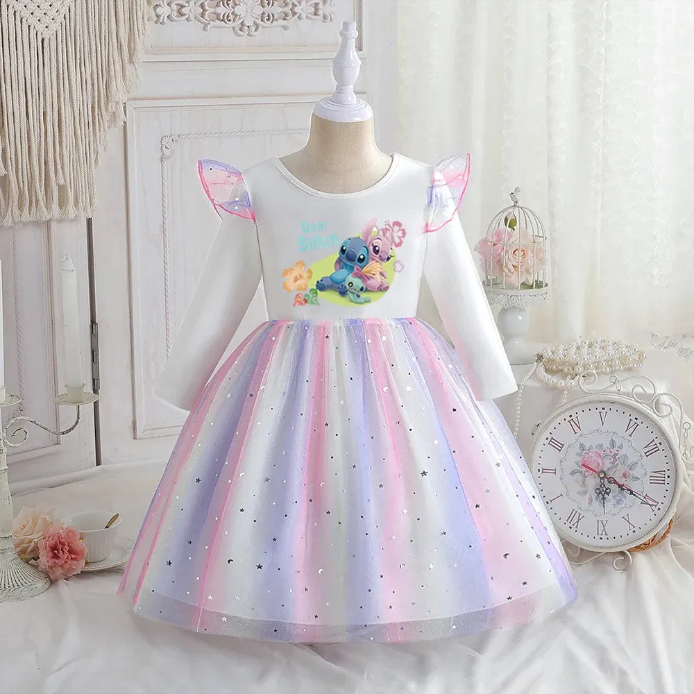 Color: Pink, Kid Size: 2T - Stitch Princess Dress Autumn New Disney Baby Girls Dress Spring Autumn Long-sleeved For Children Kids Clothes Birthday Party