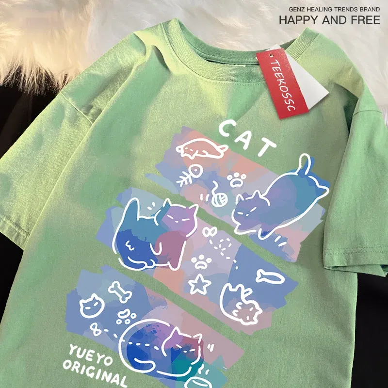 Color: Pink, Size: XXXL - Fun Mischievous Cat Print Japanese Style T-Shirts Men Women Fashion Tshirs Breathable Summer T-Shirts Cotton Loose Tee Clothes