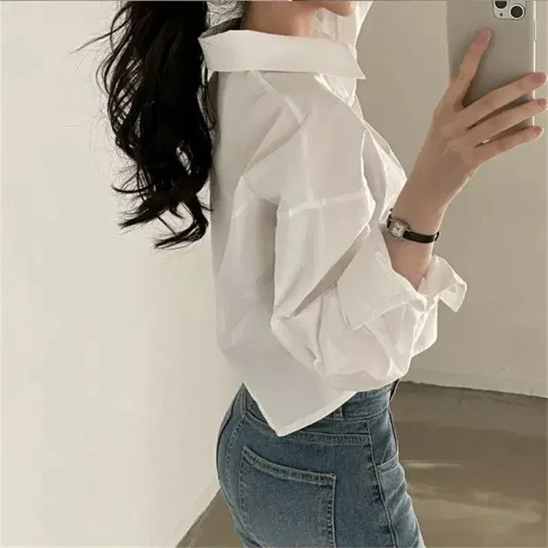 Color: WHITE, Size: L - Spring New Casual Long Sleeve Women White Shirt Korea Style Solid Button Split Woman Crop Tops Blouse Party Clothing