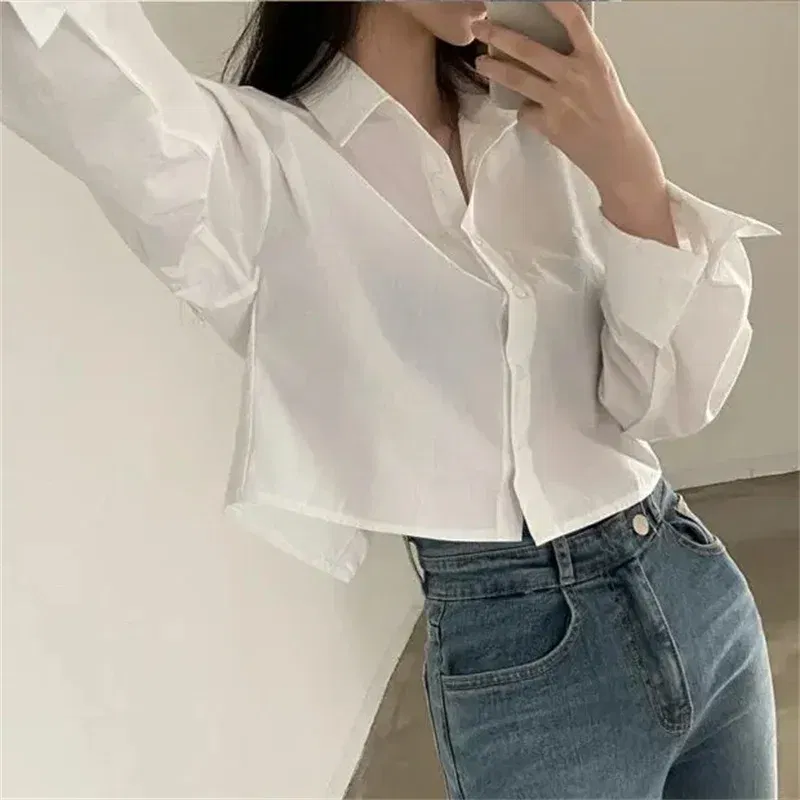 Color: WHITE, Size: L - Spring New Casual Long Sleeve Women White Shirt Korea Style Solid Button Split Woman Crop Tops Blouse Party Clothing