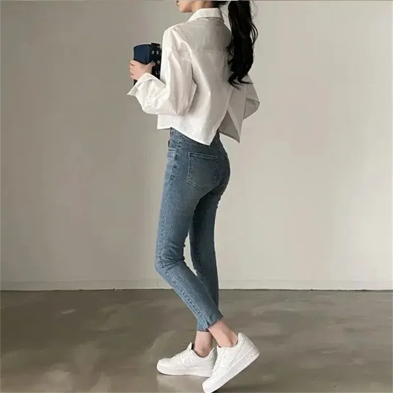 Color: WHITE, Size: L - Spring New Casual Long Sleeve Women White Shirt Korea Style Solid Button Split Woman Crop Tops Blouse Party Clothing