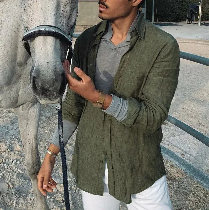 Color: green, Size: XXL, Sale by Pack: Pack of 1 - Men's new men's long sleeve buttoned cotton linen shirt lapel cardigan