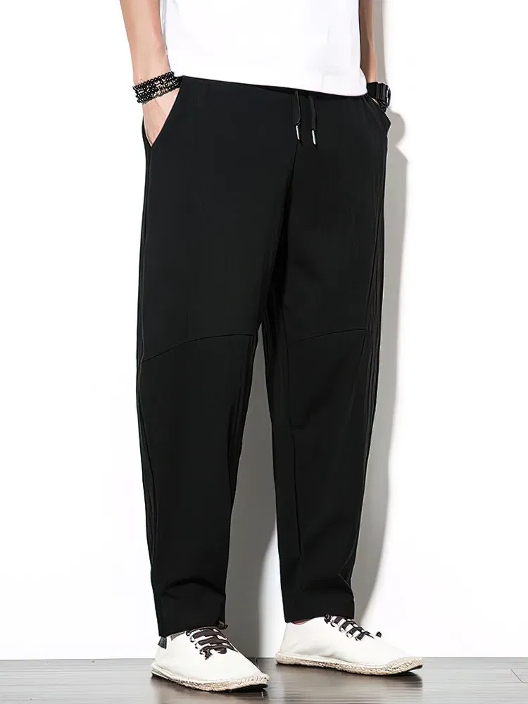 Color: dark blue, Size: XXL - 100% Cotton Linen Pants Men Baggy Casual Trousers Male Walking Wide leg Loose Sweatpants Chinese Summer Jogger Pants 2025 New