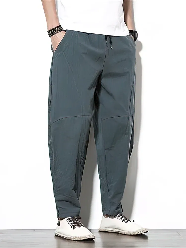 Color: dark blue, Size: XXL - 100% Cotton Linen Pants Men Baggy Casual Trousers Male Walking Wide leg Loose Sweatpants Chinese Summer Jogger Pants 2025 New