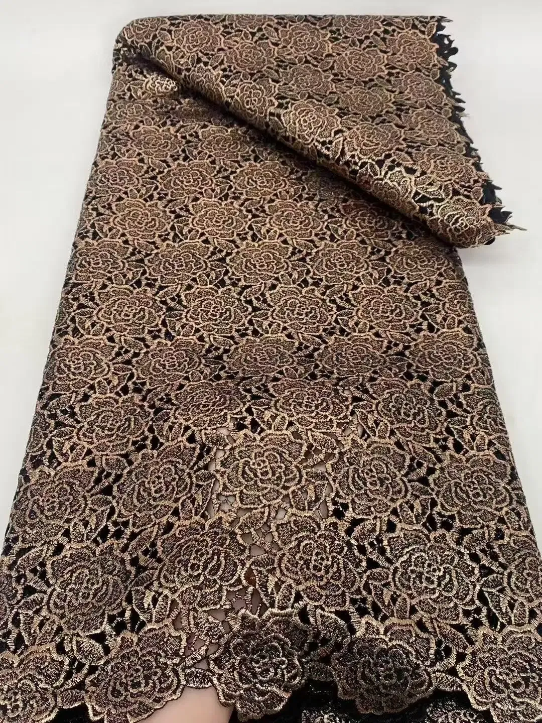 Color: Khaki, Width: 120cm, Length: 5 yards - 2025 High Quality African Nigerian Milk Silk Sequence Lace Fabric Guipure Cord Laces For Wedding Party Sewing material