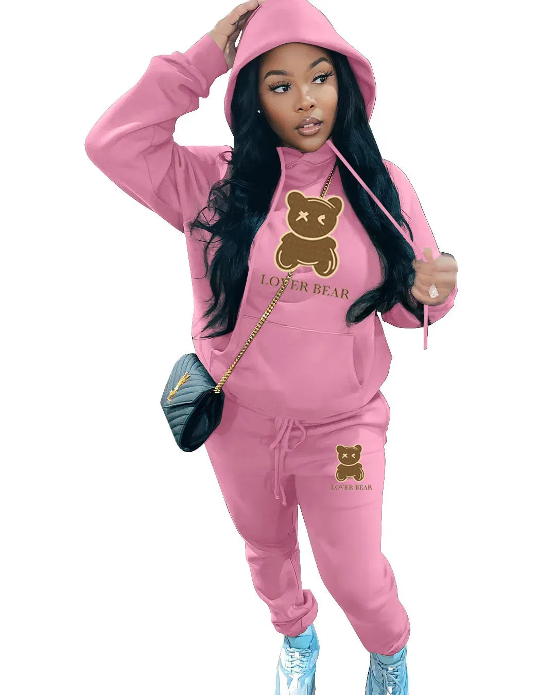 Color: Pink, Size: XL - 2 Piece Set Women Outfit Letter Bear Print Hooded Neck Hoodies Sweatshirt Pants Tracksuit 2024 Plus Size Streetwear Casual Suit