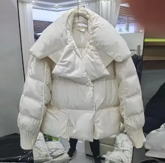 Color: green, Size: M - Overcoat 2025 New Fashion Women Down Jacket Winter White Duck Down High Quality Knitted Patchwork Lapel Women Down Jacket H132