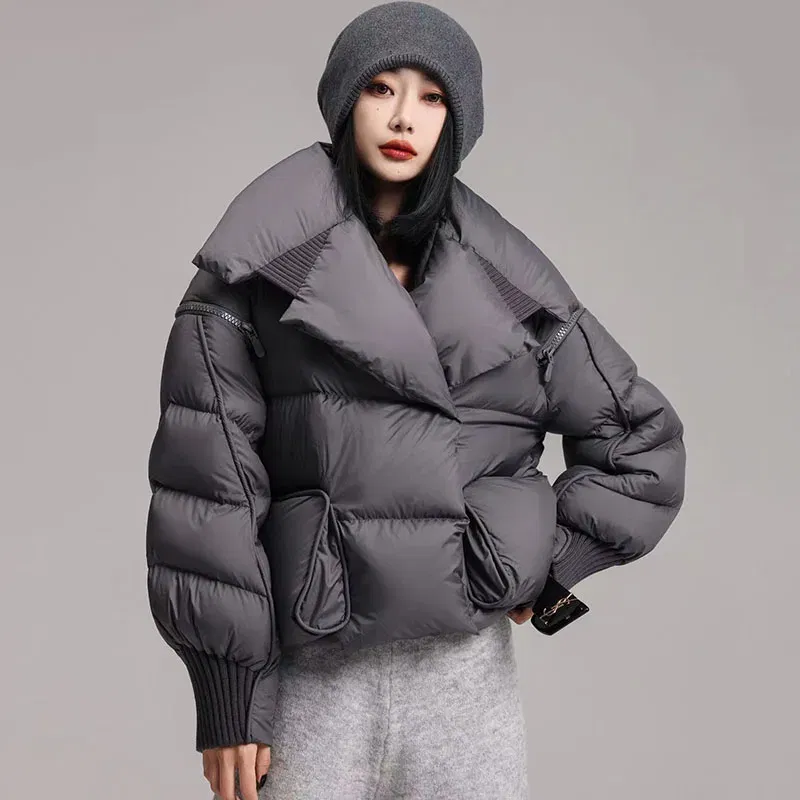 Color: green, Size: M - Overcoat 2025 New Fashion Women Down Jacket Winter White Duck Down High Quality Knitted Patchwork Lapel Women Down Jacket H132