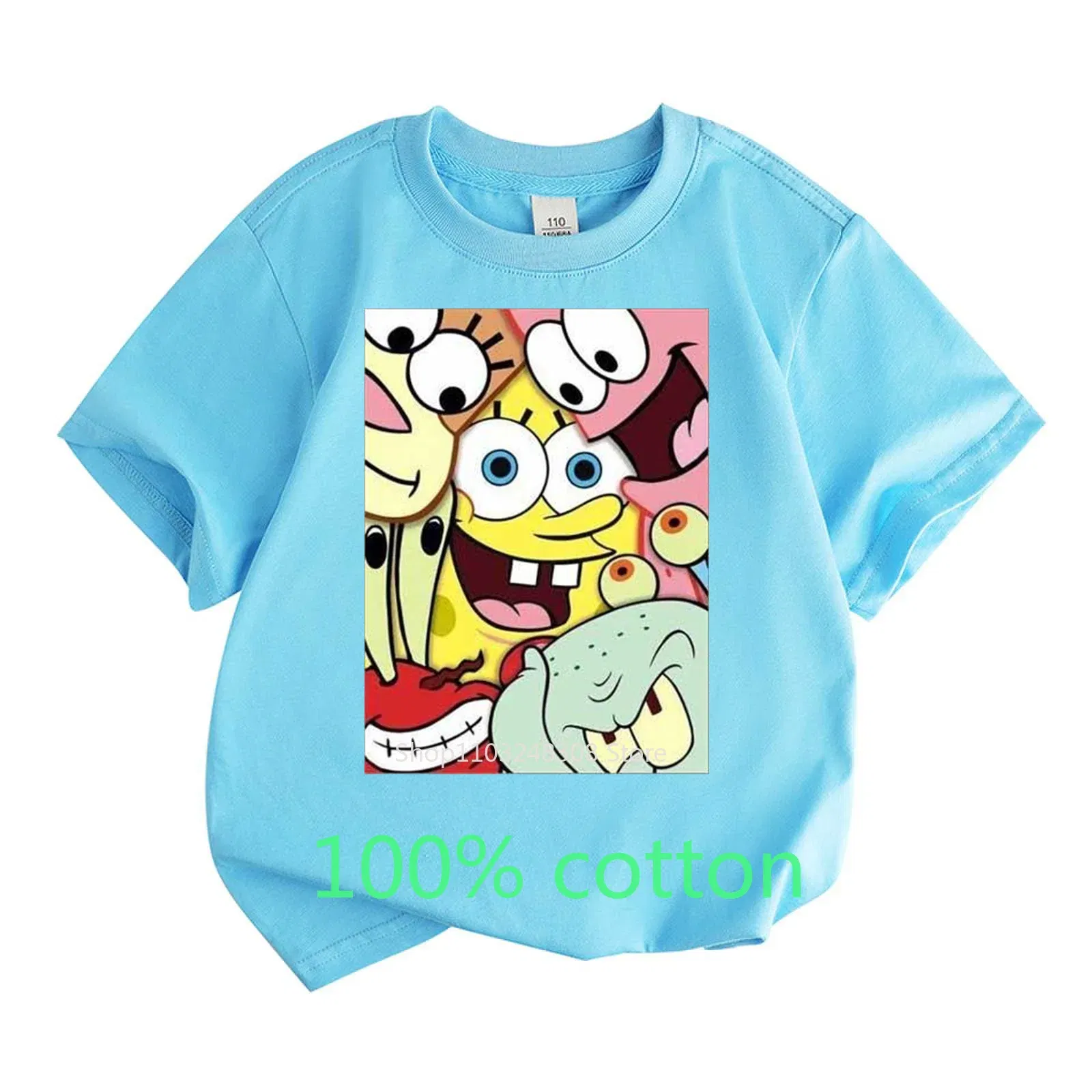Color: Khaki, Kid Size: 13T - Mr. Krabs Squidward  Sandy Spongebob T-shirt 100%Cotton  Children Round Neck Short-sleeved Boys Girls  Fashion Kids Clothes