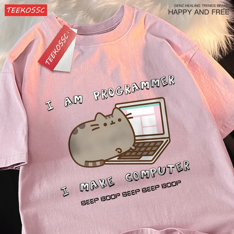 Color: Pink, Size: XXL - I Am Programmer I Make Computer Mens T Shirts Summer Cotton T-Shirt Oversized Loose Short Sleeve Crewneck Tee Clothes Fashion