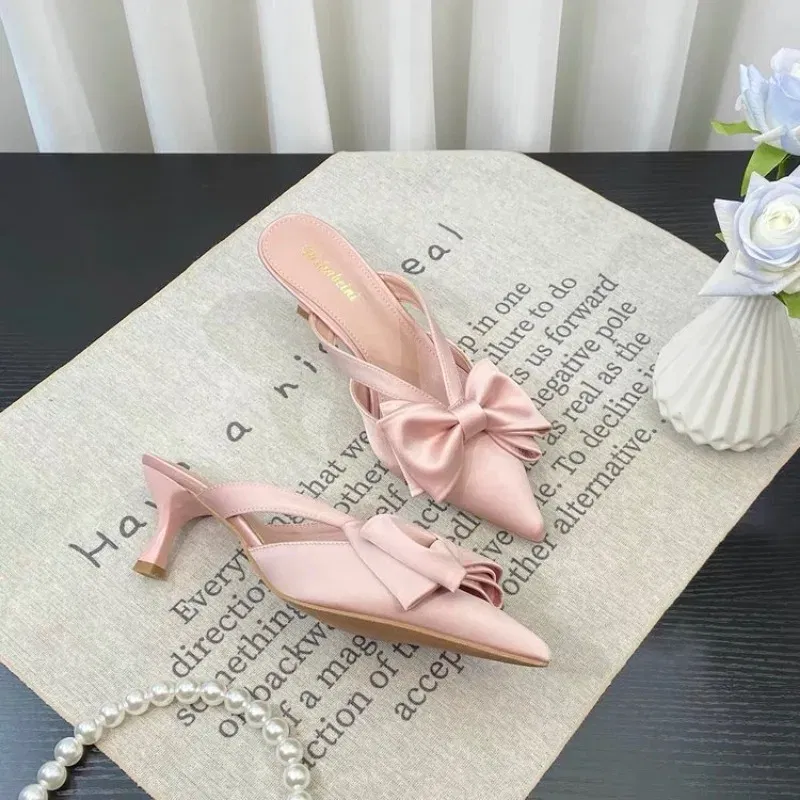 Color: Beige, Shoe Size: 39 - Fairy Style Pink Cool Slippers for Women's Summer 2024 French Pointed Bow Hollow High Heels, Half Wrapped Women's Slippers