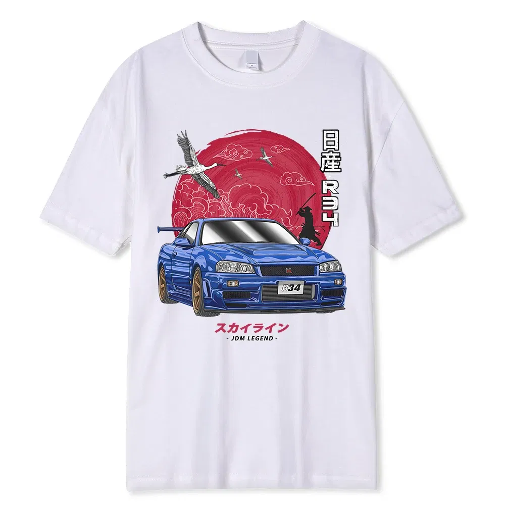Color: SKY BLUE, Size: XL - Cotton Initial D T Shirt Men Women Harajuku Aesthetic Oversize T-Shirt Funny JDM LEGEND Car Tshirt Nissan Skyline R34 Tee Shirt