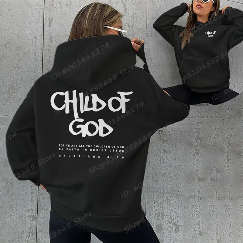 Color: WHITE, Size: L - I Am A God Child Letter Print Hoodies Christian God Sweatshirts Hooded Pullover Pray The Lord Sweatshirt Women's Clothing