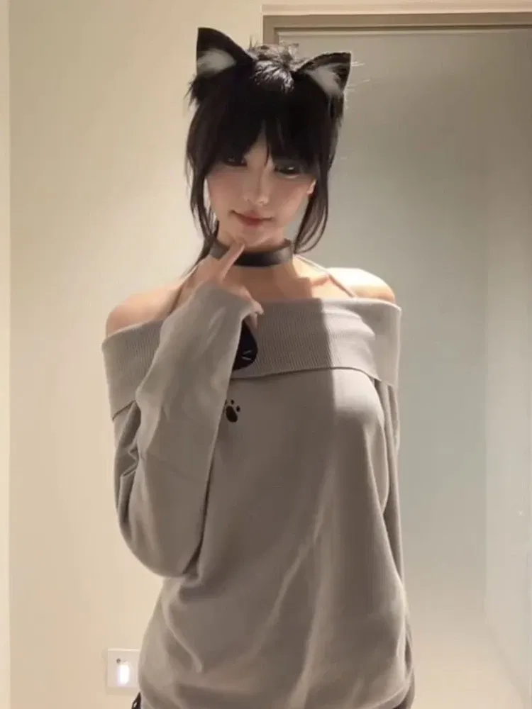 Color: GRAY, Size: S - Cute Embroidery Off The Shoulder T Shirt Women Kawaii Cat Long Sleeve Basic Blouse Tight Basic Crop Top Strapless Gray Tees