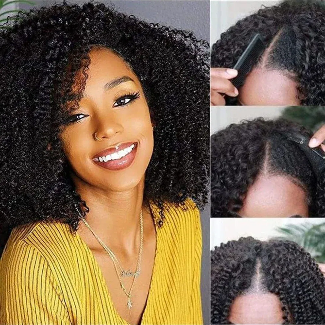 Hair Color: Natural Color, Stretched Length: 22INCHES, Density: 180% - Afro Kinky Curly V Part Human Hair Wigs No Leave Out Natural Black Machine Made Upgrade U Part Curly Wigs Indian Hair For Women