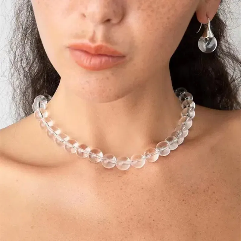 Metal Color: Dark Gold - HUANZHI Transparent Natural Crystal Stone Beads Necklace for Women Magnetic Buckle Chain Collarbone Choker Fashion Jewelry Hot