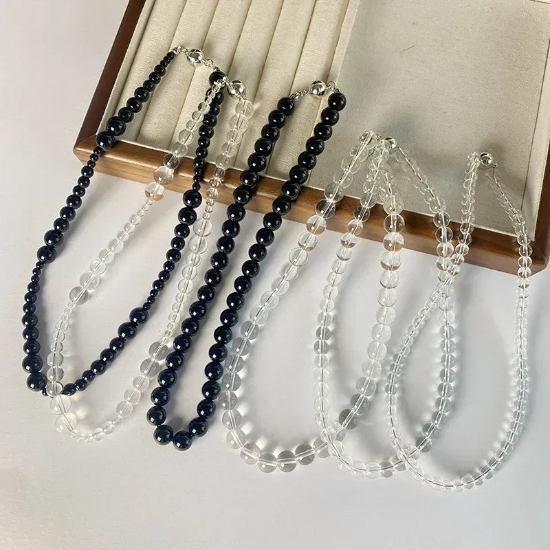 Metal Color: Dark Gold - HUANZHI Transparent Natural Crystal Stone Beads Necklace for Women Magnetic Buckle Chain Collarbone Choker Fashion Jewelry Hot