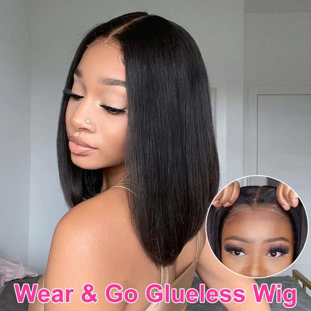 Hair Color: #1B, Ships From: CHINA, Stretched Length: 14inches, Density: 150% - Wear And Go Glueless Bob Wig Human Hair 7x5 HD Lace Closure Human Hair Pre Plucked  No Glue Pre Cut Ready To Wear Frontal Wig