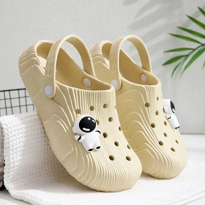 Shoe Size: 33, Color: Beige - 2024 New Fashion Women Slippers DIY Astronaut Spaceman Button Slides Non-slip Flat Sandals Beach Slippers Plus Size Women Shoes