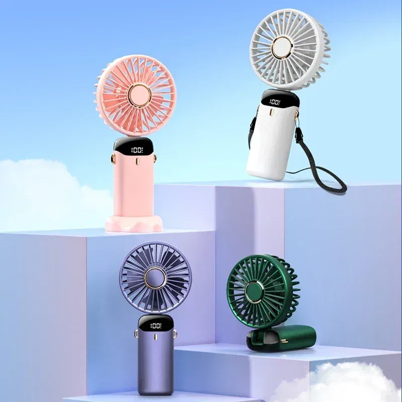 Color: Navy - Handheld Mini Fan 3000mAh Foldable Portable Neck Hanging Fans 5 Speed USB Rechargeable Fan with Phone Stand and Display Screen