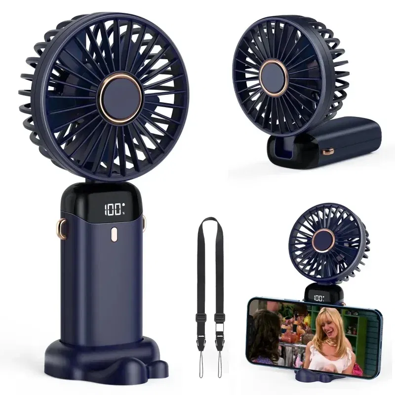 Color: Navy - Handheld Mini Fan 3000mAh Foldable Portable Neck Hanging Fans 5 Speed USB Rechargeable Fan with Phone Stand and Display Screen