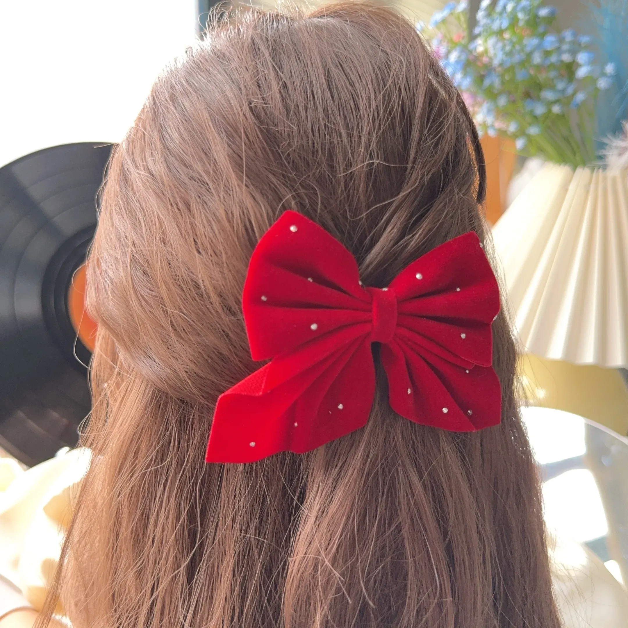 Color: Silver - 2Pcs Starry Dots Red Velvet Bow Hair Pins Hair Clips Kids Girls Fashion Christmas Barrettes Ponytail Holder Headwear Accessories