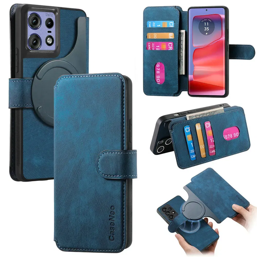 Color: Blue, Material: EVA - Edge 50 60 Fusion 5G Flip Case For Motorola Edge 60 Pro 2In1 Detachable Leather Wallet Funda Moto Edge 50 Neo 60 Pro S50 Cover