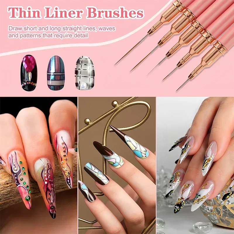 Color: Silver - 1Pcs French Stripe Nail Art Liner Brush Set Pink Tips Ultra-thin Line Drawing Pen Carved UV Gel Painting Brushes Manicure Tools