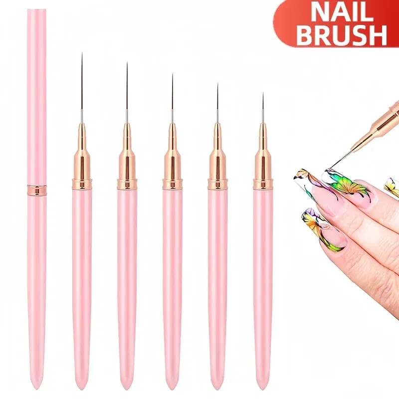 Color: Silver - 1Pcs French Stripe Nail Art Liner Brush Set Pink Tips Ultra-thin Line Drawing Pen Carved UV Gel Painting Brushes Manicure Tools
