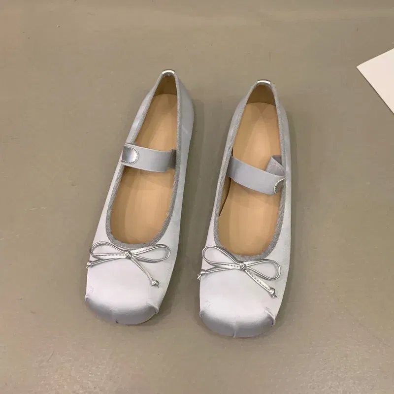 Color: Beige, Shoe Size: 37 - 2023Luxury Satin Silk Ballet Shoes Woman Classic Square Toe Bowtie Elastic Band Ballerina Flats Ladies Soft Loafers