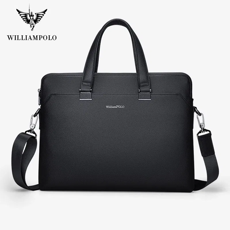 WILLIAMPOLO Business Leather Men Briefcase For Husband Shoulder Bag Man 15" Laptop Briefcases Bags Large Capacity Men's Handbag