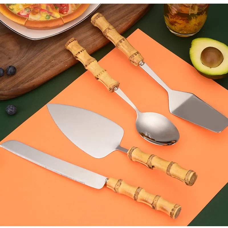 Color: light green - Nature Bamboo Pizza Cake Shovel Triangular Spatula Set Steel Stainless Cheese Slicer Cutter Knife,Butter Knife