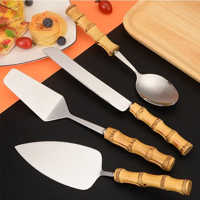 Color: light green - Nature Bamboo Pizza Cake Shovel Triangular Spatula Set Steel Stainless Cheese Slicer Cutter Knife,Butter Knife