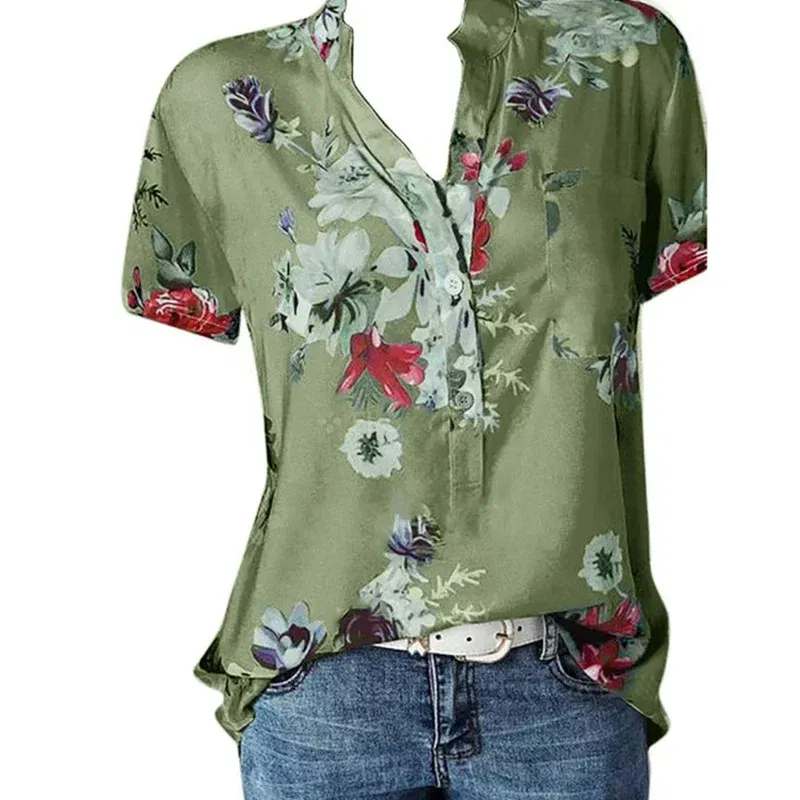 Color: Khaki, Size: XXXL - Temperament new women's shirt printing large size casual shirt loose V-neck short-sleeved shirt blouse