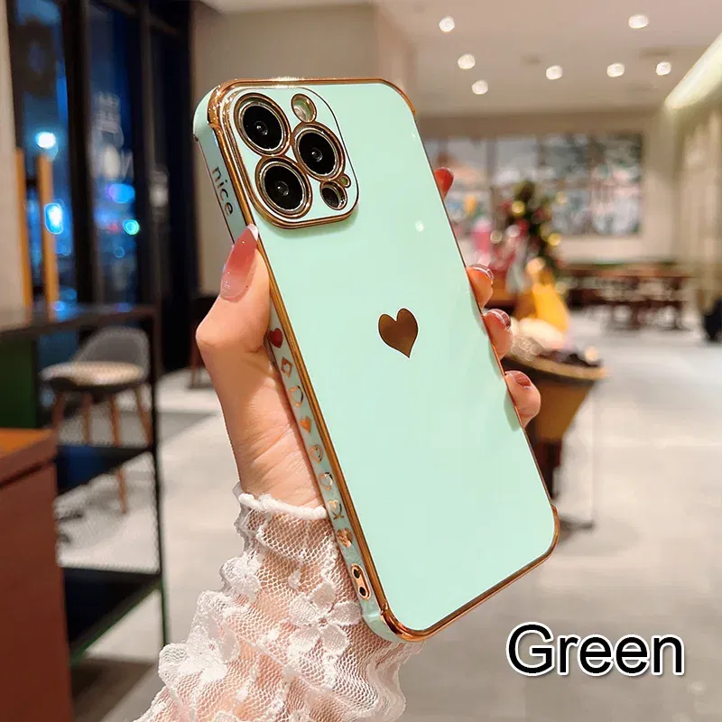 Color: Blue, Ships From: CN, Material: tpu - Electroplating Side Love Heart Phone Case For IPhone 16 15 14 13 12 11 Pro Max XR 8 Plus SE2/SE3 Shockproof Back Cover