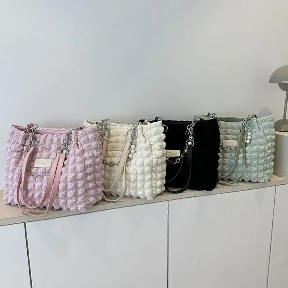 Color: Blue - Large Capacity Ladies Tote Bag Fashion Plaid Women's Beaded Chain Shoulder Bags Soft Fabric Commuter Female Handbags Purse