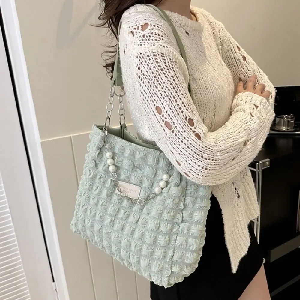 Color: Blue - Large Capacity Ladies Tote Bag Fashion Plaid Women's Beaded Chain Shoulder Bags Soft Fabric Commuter Female Handbags Purse