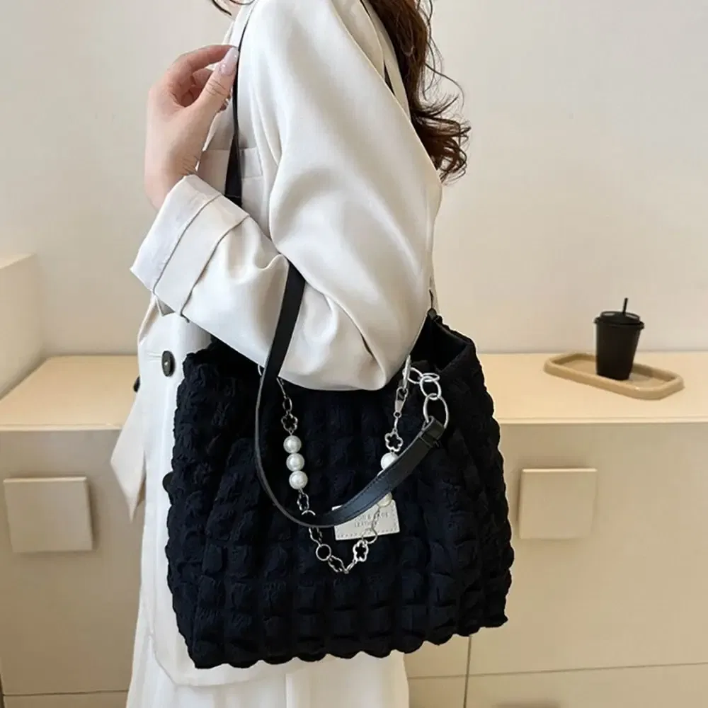 Color: Blue - Large Capacity Ladies Tote Bag Fashion Plaid Women's Beaded Chain Shoulder Bags Soft Fabric Commuter Female Handbags Purse